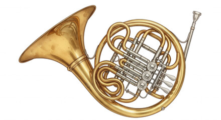 A detailed illustration of a brass french horn with intricate tubing and valves isolated on transparent background