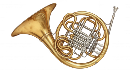 A detailed illustration of a brass french horn with intricate tubing and valves isolated on transparent background