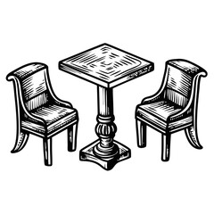 Depiction of bistro table with two chairs, showcasing a classic cafe setting. Bistro table arrangement features matching chairs, perfect for creating cozy atmosphere.
