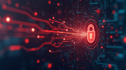 A security breach concept: glowing warning signs and data streams leaking through a vibrant glowing chrome padlock