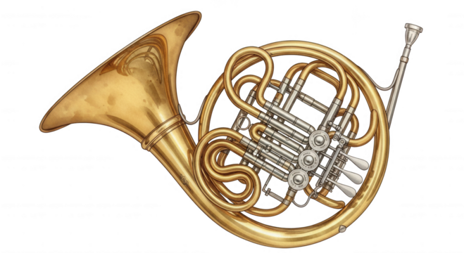 A detailed illustration of a brass french horn with intricate tubing and valves isolated on transparent background