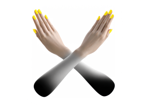 Hand crossed gesture with fingers expressing refusal, prohibition, and rejection. Female arm showing 