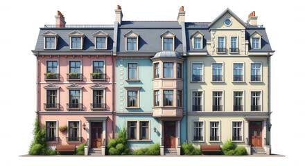 Obraz premium Charming row houses with pastel facades and architectural details isolated on transparent background