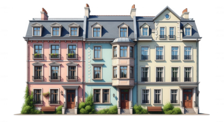Charming row houses with pastel facades and architectural details isolated on transparent background