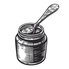 Jar of mustard with spoon illustration, offering rustic charm and culinary appeal, showcasing a classic condiment. Jar of mustard illustration presents condiment in retro sketch style,
