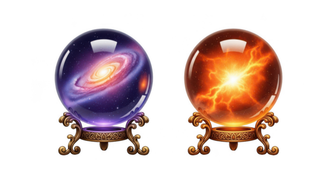 Two mystical crystal balls one containing a swirling galaxy and the other a fiery explosion resting on ornate stands isolated on transparent background