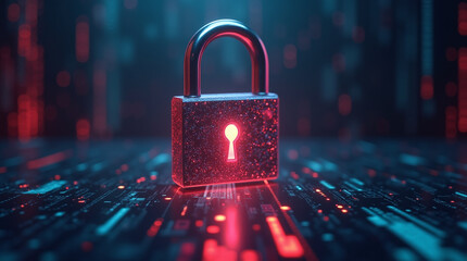 A security breach concept: glowing warning signs and data streams leaking through a vibrant glowing chrome padlock