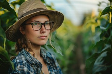 Portrait of a confident young farmer woman wearing glasses and straw hat inspecting crops in a greenhouse