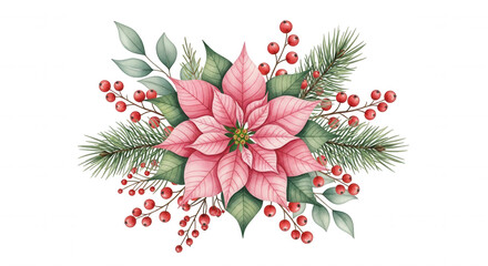 Beautiful watercolor christmas arrangement featuring a pink poinsettia flower with pine branches and red berries isolated on transparent background