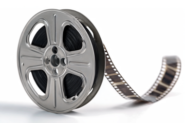 Metal Film Reel Unwinding on Transparent Background, Classic Cinema Element for Video Editing