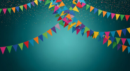 Colorful triangular flags and confetti on teal background, creating festive, celebratory scene, ideal for party invitations or celebratory banners, free space for text