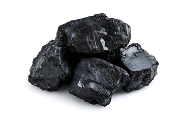 A high-quality close-up image of various coal pieces stacked against a pure white background, showcasing texture and natural form