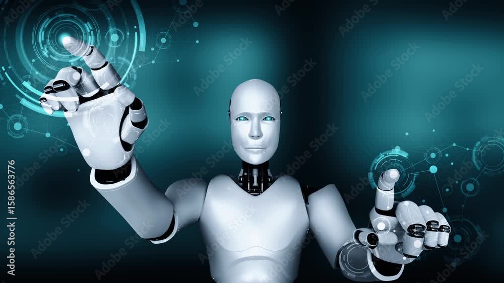 Poster futuristic robot artificial intelligence huminoid ai for industrial factory technology development a
