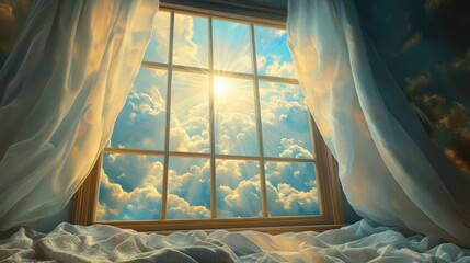 Window view bright sunburst through fluffy clouds, flanked by sheer white curtains
