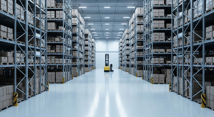 Large warehouse interior, rows of tall metal shelving units filled with cardboard boxes, a forklift in the distance, showcasing efficient logistics and storage solutions