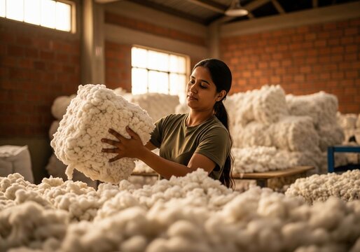 A worker amidst raw wool, symbolizing the origin of textiles, sustainable sourcing, and the initial stages of natural fiber production.