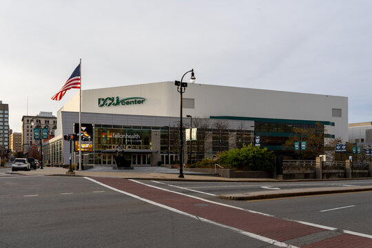 Worcester, Massachusetts, USA - November 8, 2023:  DCU Center on Foster St in Worcester, Massachusetts, USA. The DCU Center is an indoor arena and convention center complex in downtown Worcester. 