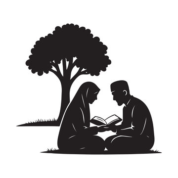 muslim couple reading book under tree clip art preview