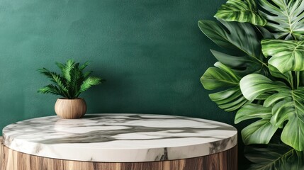 Round marble display podium with tropical plants against a dark green wall