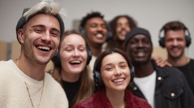 Diverse group of young adults wearing headphones, joyfully laughing. Perfect for illustrating teamwork, audio experiences, or shared fun. Authentic, inclusive, and energetic.