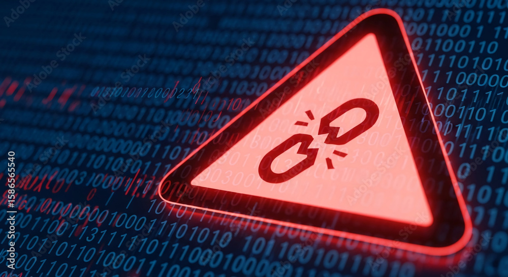 Poster Red triangular warning sign displays a broken link icon against a backdrop of binary code, symbolizing cybersecurity breach or link failure