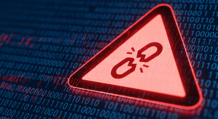 Red triangular warning sign displays a broken link icon against a backdrop of binary code, symbolizing cybersecurity breach or link failure