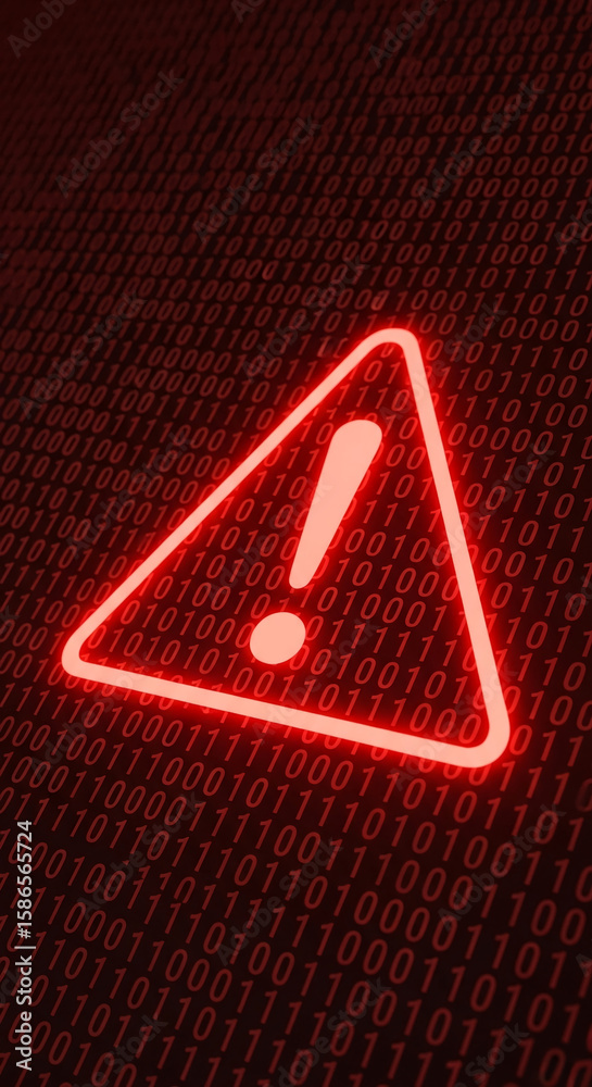 Poster red glowing warning triangle on binary code background, symbolizing digital risk, system alert, or c