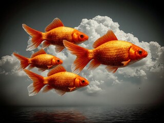 Four vibrant goldfish swim through a cloudy sky above a calm sea, blending surrealism and nature in a dreamlike, imaginative, and visually striking composition.