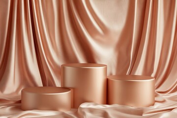 Luxurious rose gold podiums, ideal for showcasing products, set against a backdrop of flowing, draped rose gold fabric for an elegant display