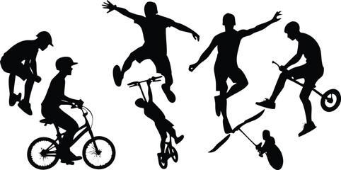 Extreme Sports Silhouette Vector Set, BMX, Skateboard, Scooter & Action Riders