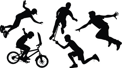 Extreme Sports Silhouette Vector Set, BMX, Skateboard, Scooter & Action Riders