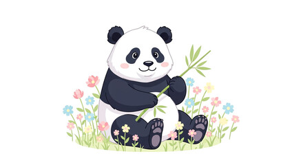 Cute Cartoon Panda Bear with Bamboo Flowers
