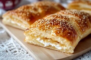 Close-up of flaky puff pastry filled with creamy cheese filling, ready to eat