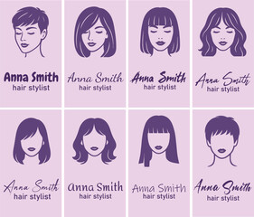 Elegant collection of hair stylist business cards featuring feminine silhouettes with various modern hairstyles. 