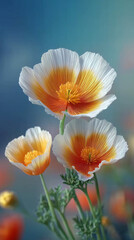 Naklejka premium A close-up of three blooming California poppies, their petals in shades of white and yellow against the backdrop of a blue sky.