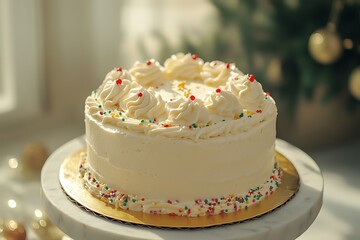 Close-up of festive birthday cake with colorful sprinkles and swirls of white frosting
