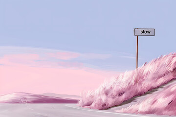 traffic sign illustration, whimsical, soft-colored illustration of a slow down sign