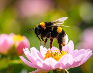 A bumble bee hovering over a pink flower