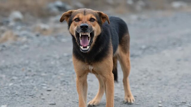 Dog displays aggressive behavior on dirt road during daytime