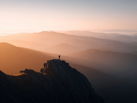 Solitary figure atop a jagged peak, gazing across layered mountain ranges bathed in a warm sunrise glow. Symbolizes ambition, achievement, and freedom.