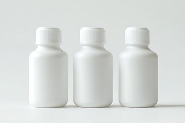 Clean and minimalist studio shot of three identical blank white plastic bottles ready for branding