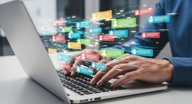 
Businessman messaging team with using laptop computer. Collaboration platform. Employee communication and knowledge sharing on discussion forums in internal social network.