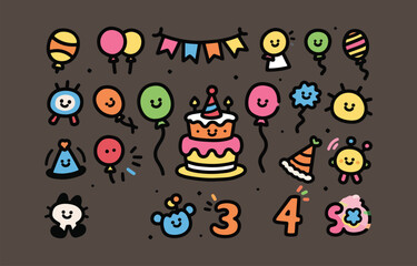 Naklejka premium Collection of cute cartoon birthday party elements with balloons cake and numbers