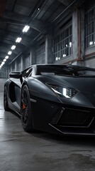 A close-up of a sleek matte black car in a dimly lit garage. The luxury supercar features clean design lines, bright headlights and excellent style.