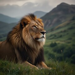 Obraz premium Majestic lion resting on grassy hilltop, gazing upward at mountains