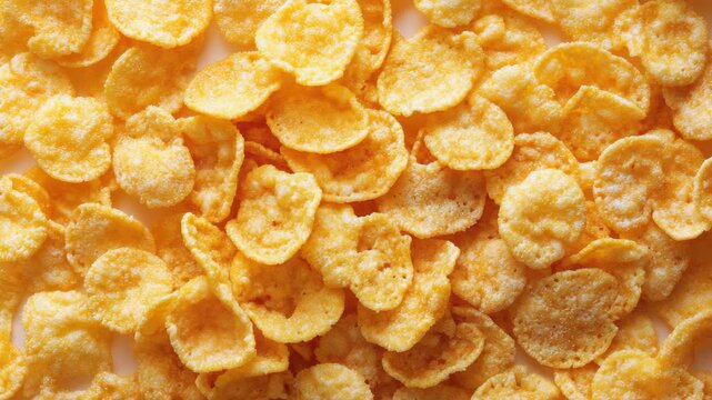 Golden cornflakes scattered in close-up view, highlighting their crunchy texture and vibrant color