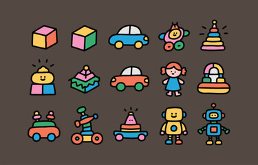 Fototapeta premium Collection of cute colorful hand drawn cartoon toys on a dark background