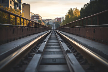 Close-up view of railway tracks stretching into the distance, with modern city buildings in the background at sunrise