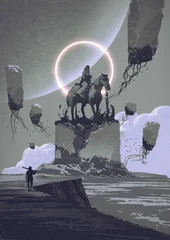 Fotobehang Grandfailure A lone traveler approaches a mysterious monument of a hooded rider on horseback, surrounded by floating monoliths and an eerie glowing ring in an otherworldly sky, digital art style, illustration pain  © grandfailure
