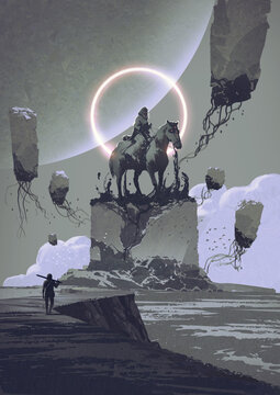 Fototapeta A lone traveler approaches a mysterious monument of a hooded rider on horseback, surrounded by floating monoliths and an eerie glowing ring in an otherworldly sky, digital art style, illustration pain